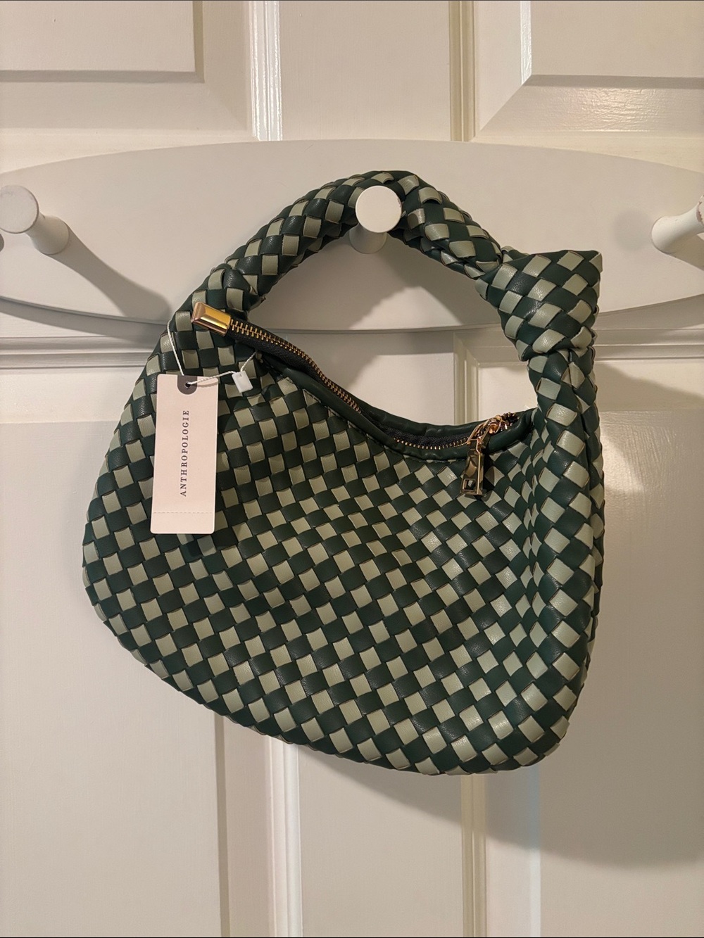 Anthropologie Green and Cream Braided Shoulder Bag